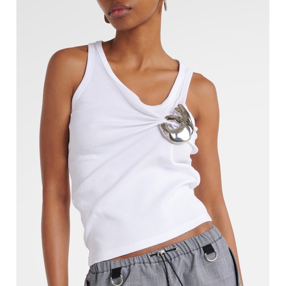 Coperni Emoji Embellished White Cotton Tank Top Silver Hardware Asymmetrical M